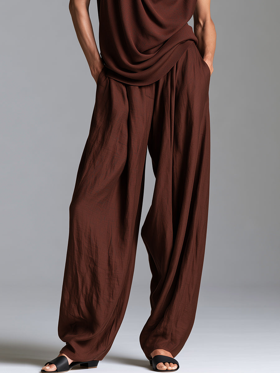 French-style Relaxed Cowl-neck Pullover & Tencel Wide-leg Pants Set