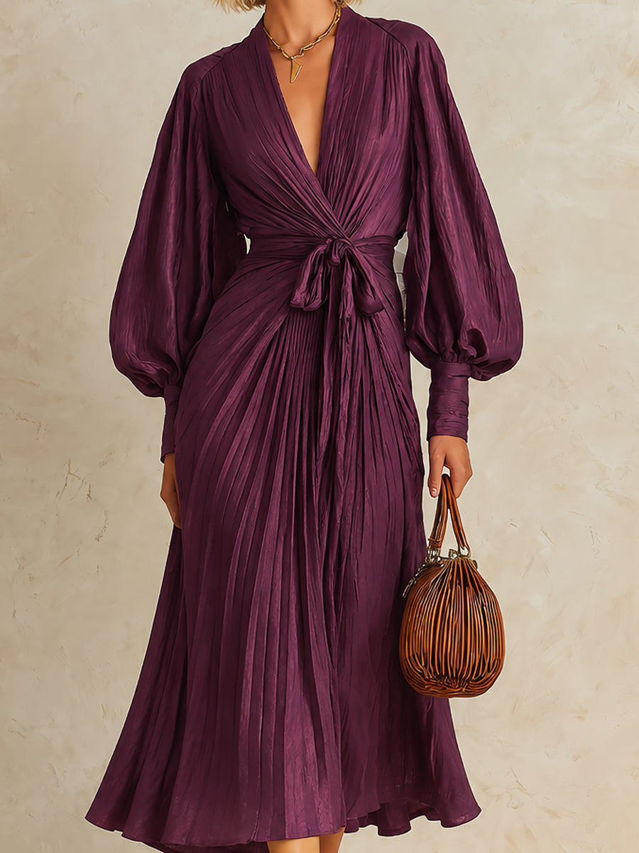 Elegant Tencel A-line Pleated Midi Dress With Lantern Sleeves