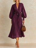 Elegant Tencel A-line Pleated Midi Dress With Lantern Sleeves