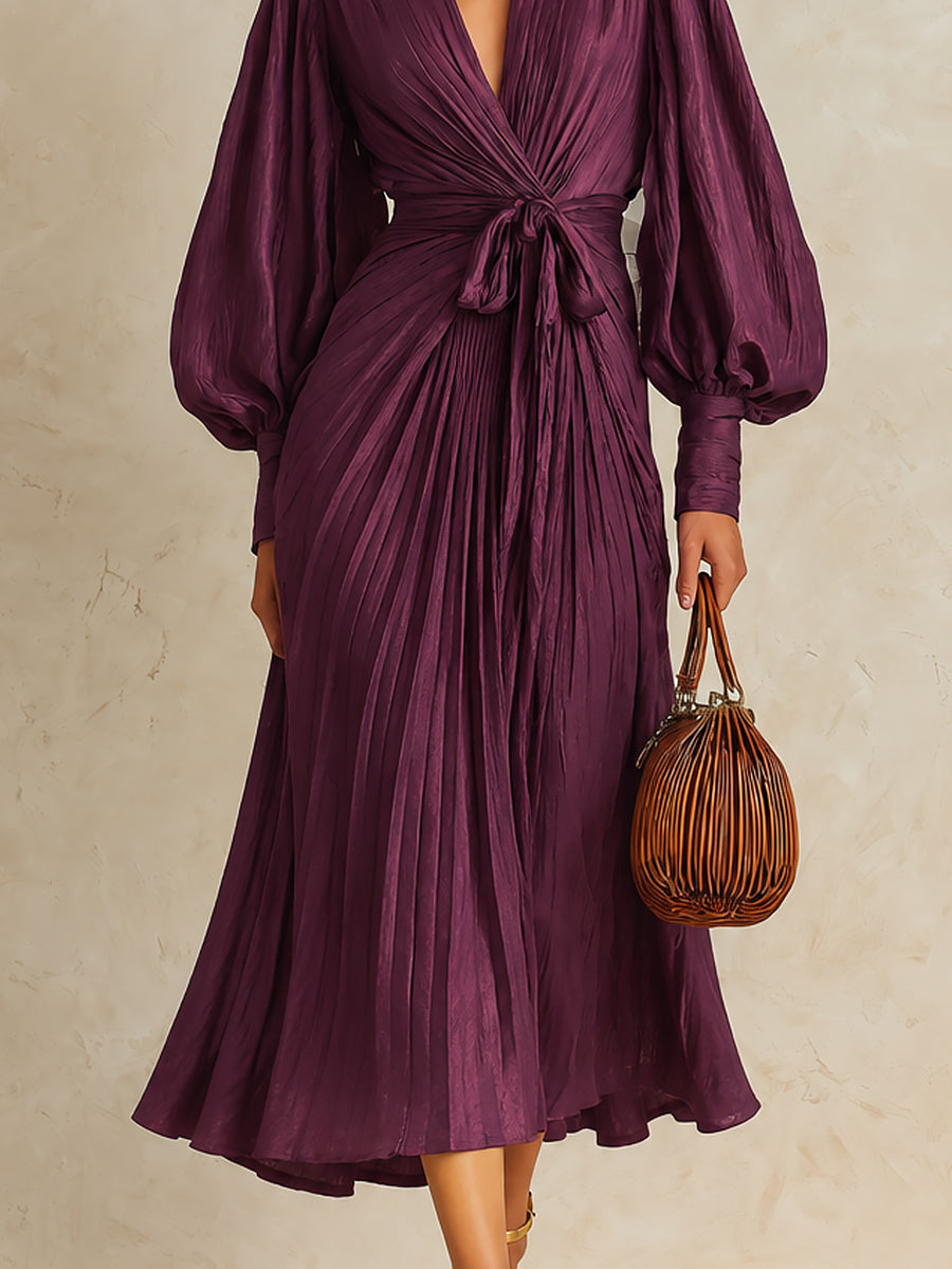 Elegant Tencel A-line Pleated Midi Dress With Lantern Sleeves