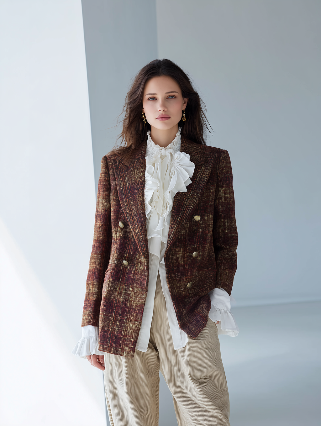 Effortless Chic Textured Tweed Fitted Multi-Tone Brown Plaid Blazer