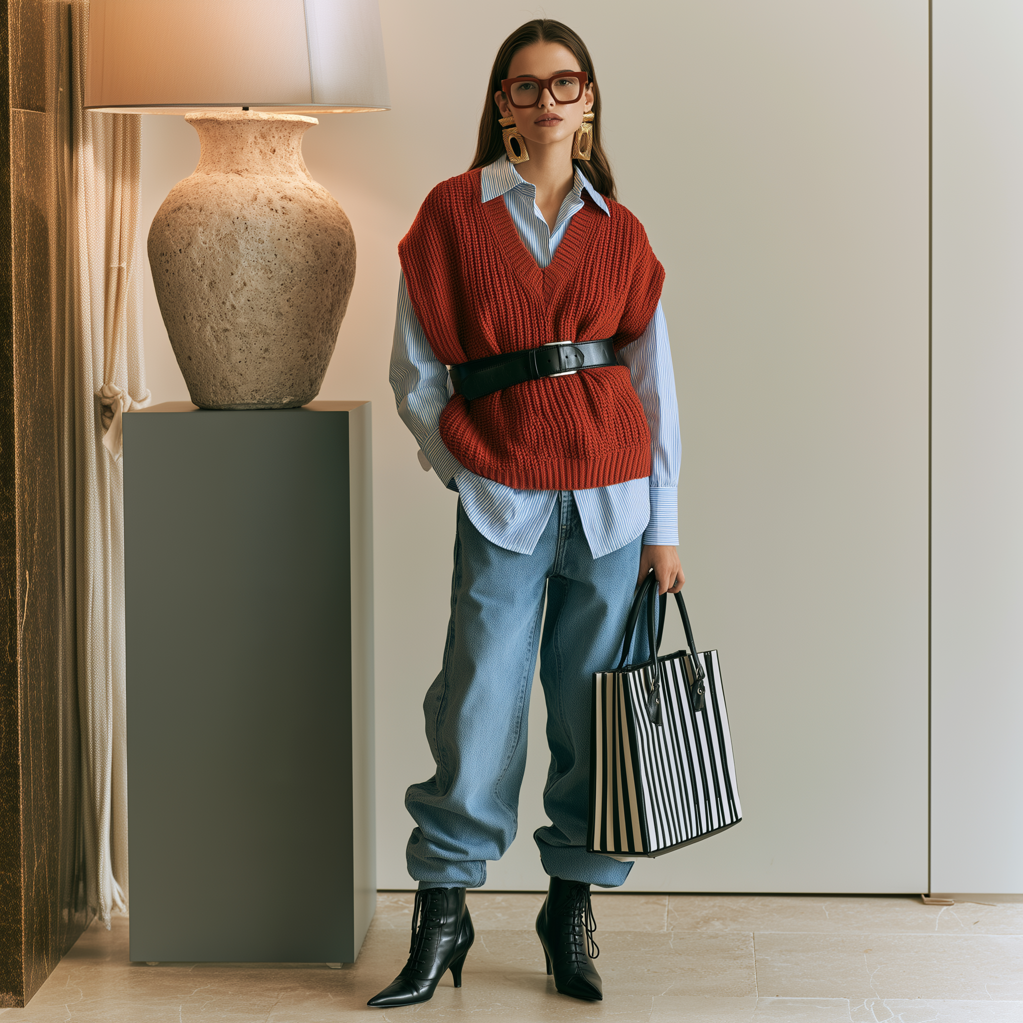 Vintage Rust Cable-Knit Vest & Blue Striped Shirt Layered Set