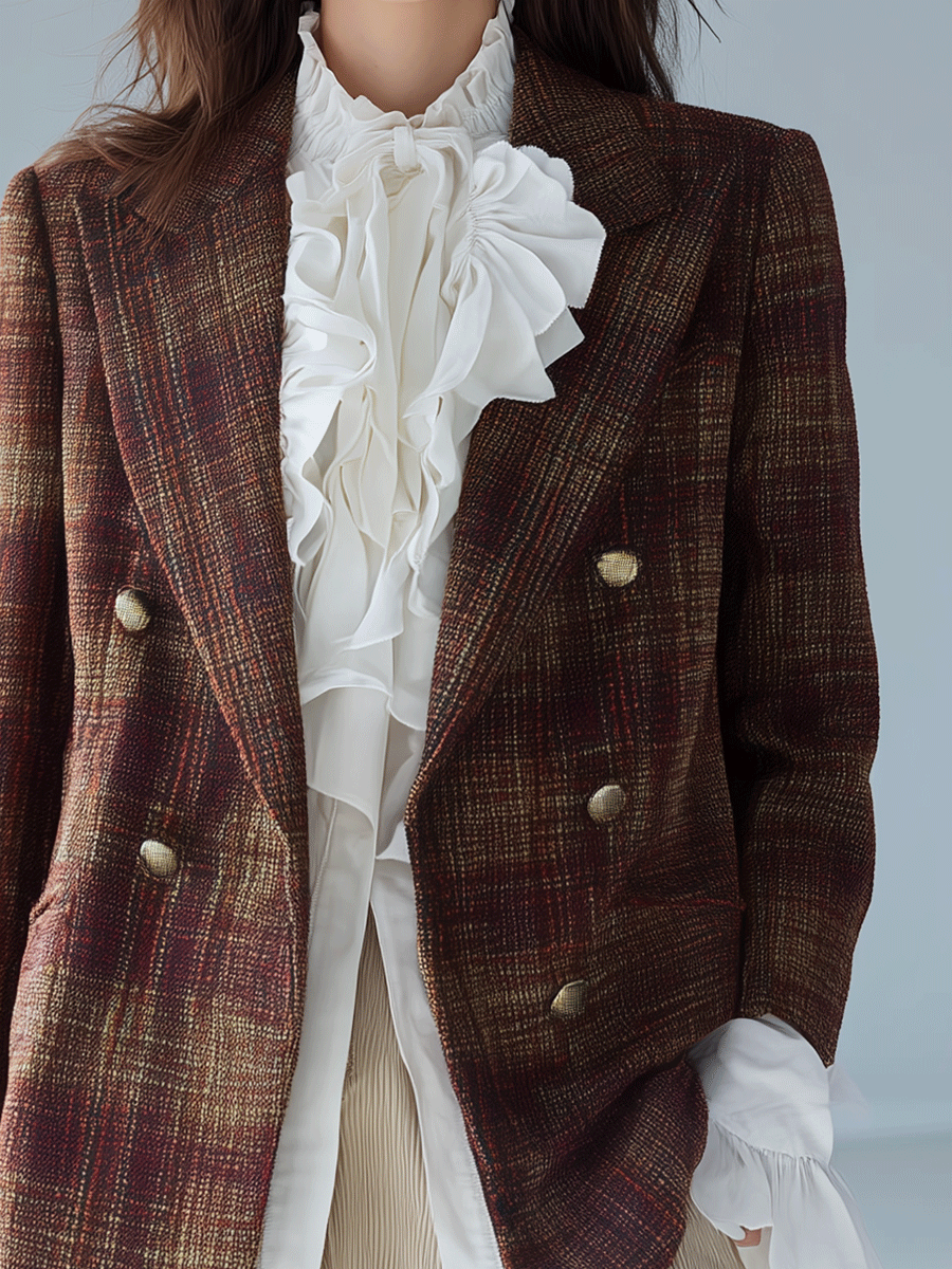 Effortless Chic Textured Tweed Fitted Multi-Tone Brown Plaid Blazer