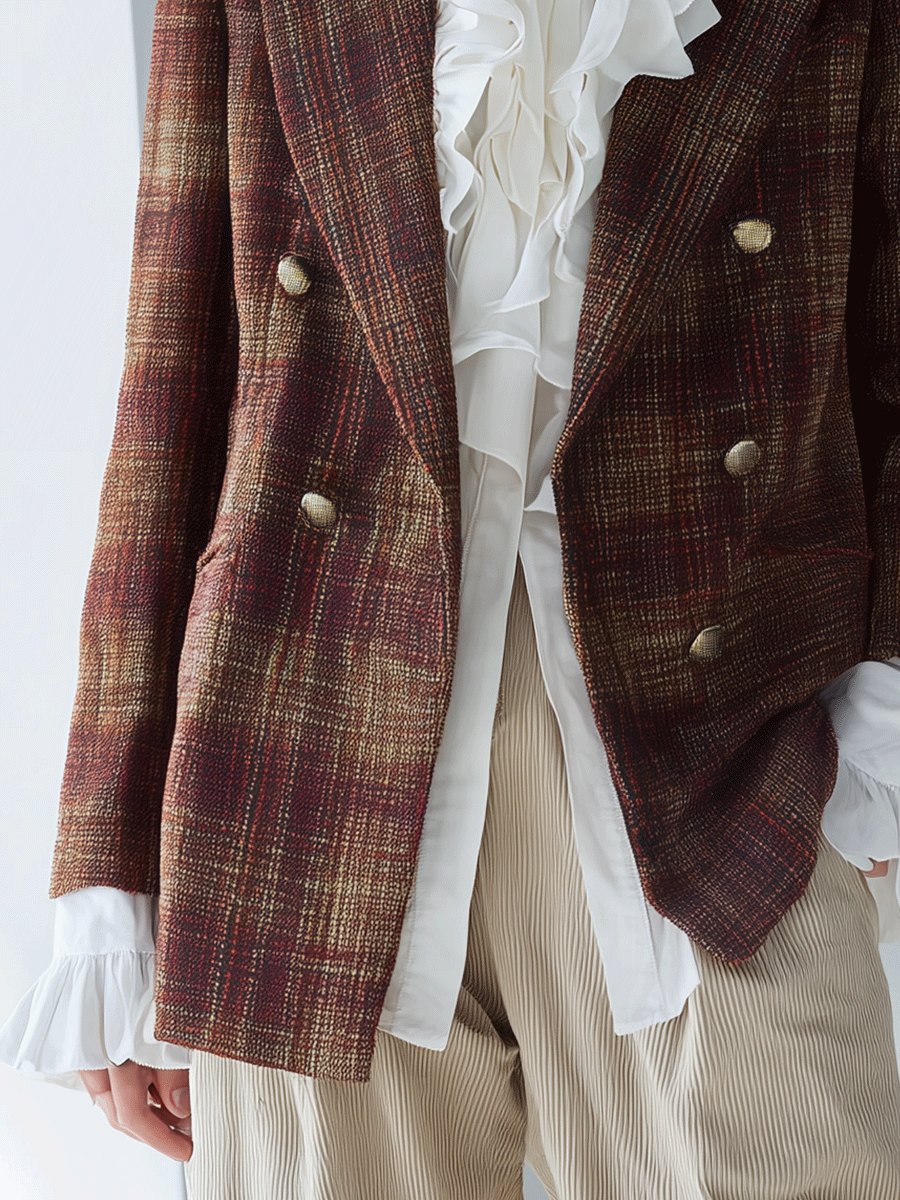 Effortless Chic Textured Tweed Fitted Multi-Tone Brown Plaid Blazer