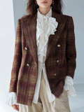 Effortless Chic Textured Tweed Fitted Multi-Tone Brown Plaid Blazer