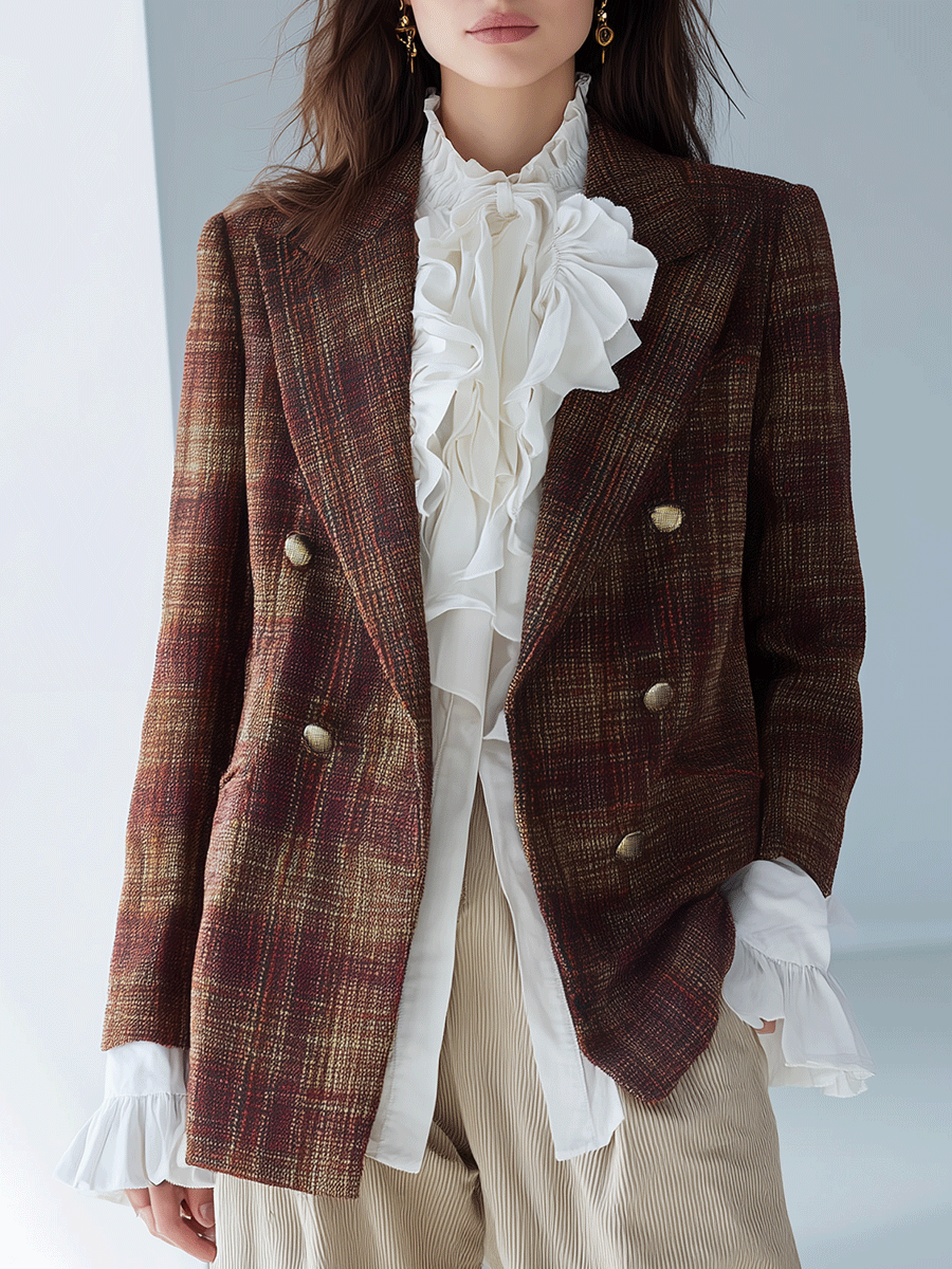 Effortless Chic Textured Tweed Fitted Multi-Tone Brown Plaid Blazer