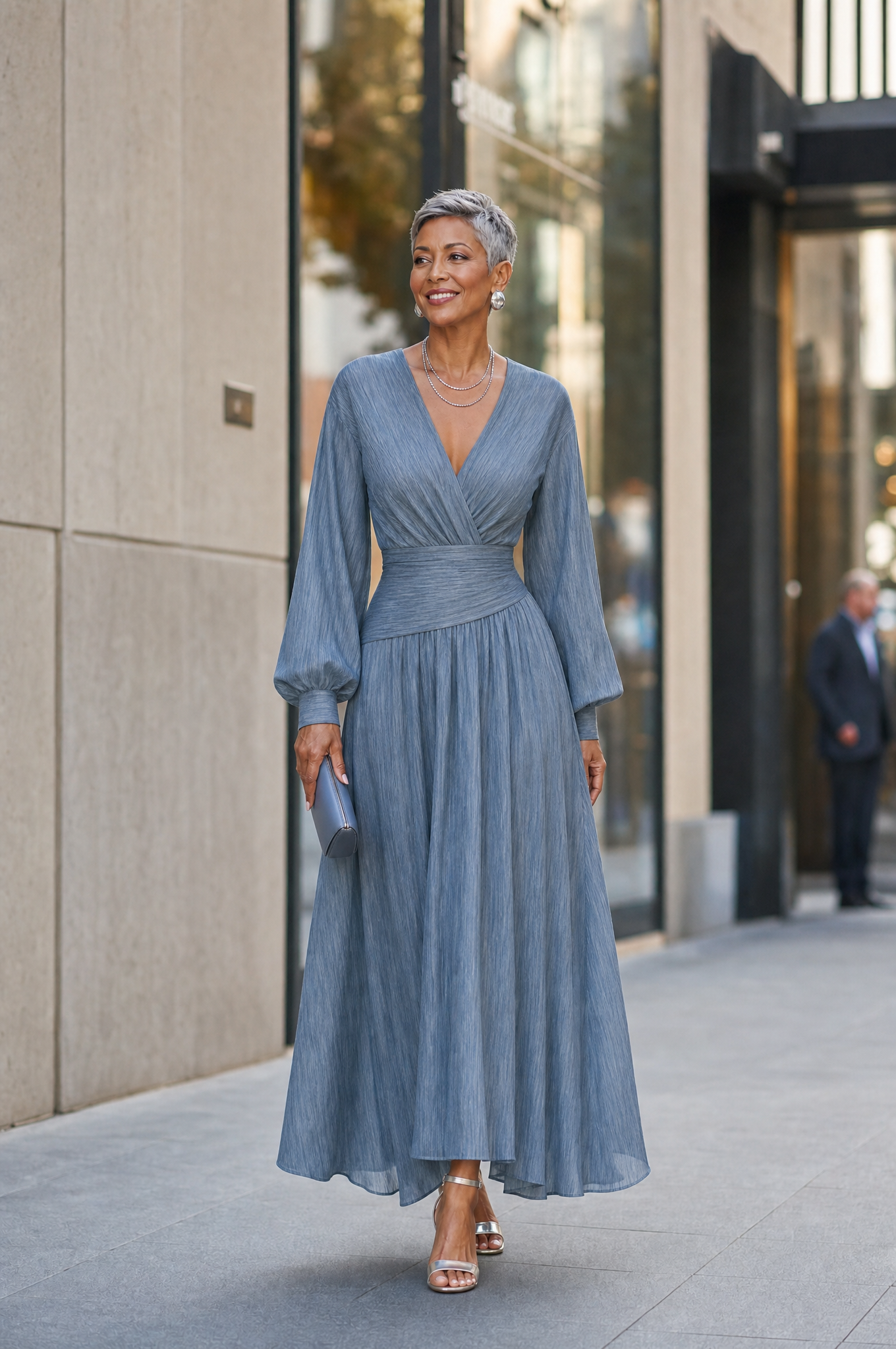 Women's V-Neck Long Lantern Sleeve Wrap Waist Maxi Dress