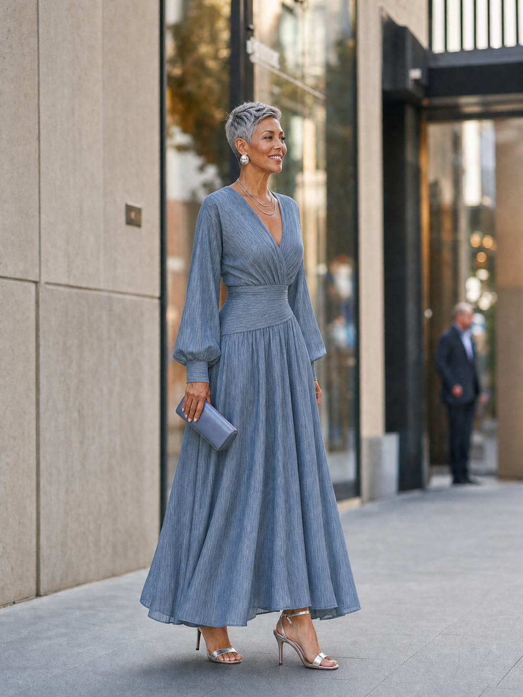Women's V-Neck Long Lantern Sleeve Wrap Waist Maxi Dress