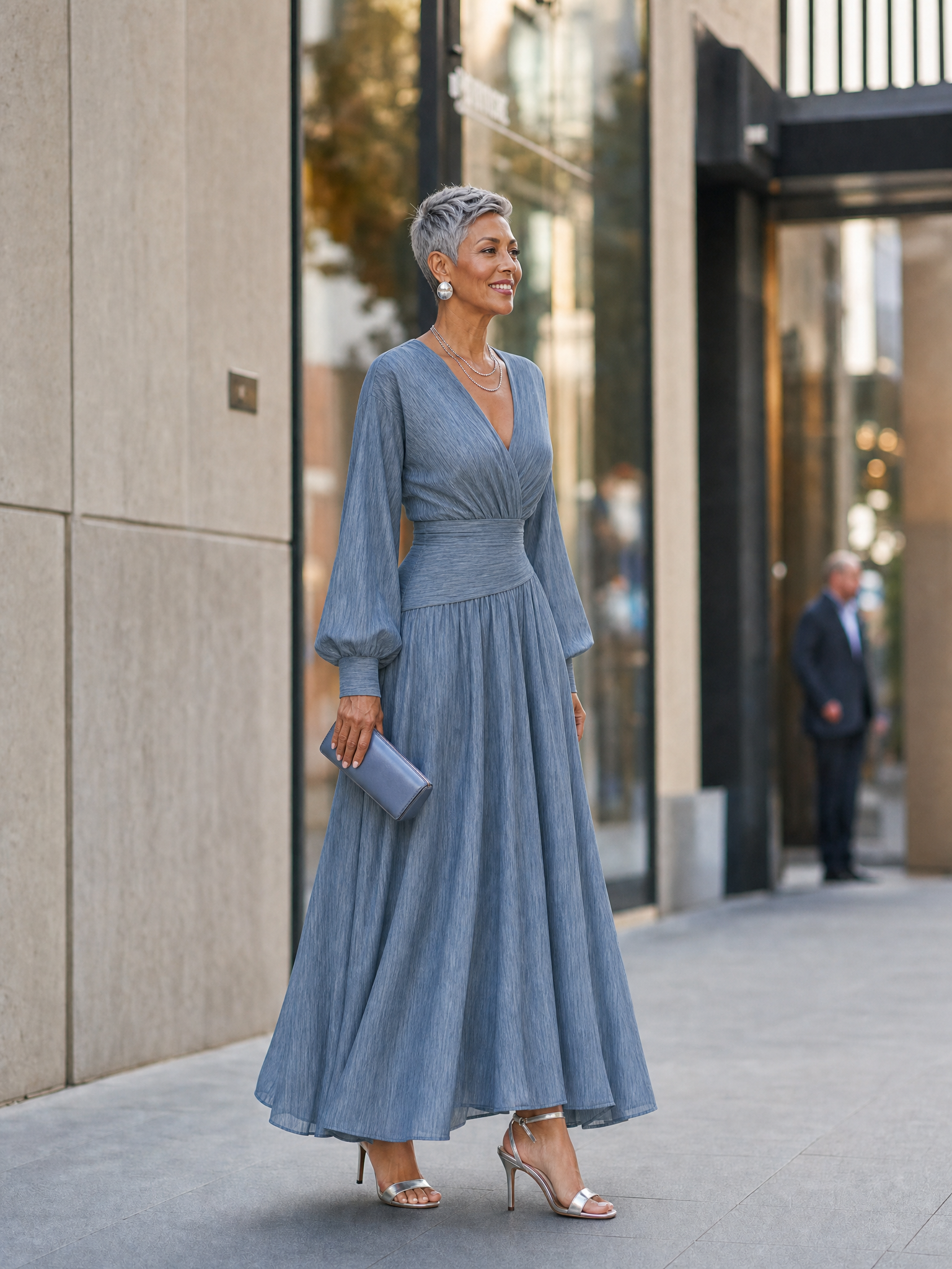 Women's V-Neck Long Lantern Sleeve Wrap Waist Maxi Dress