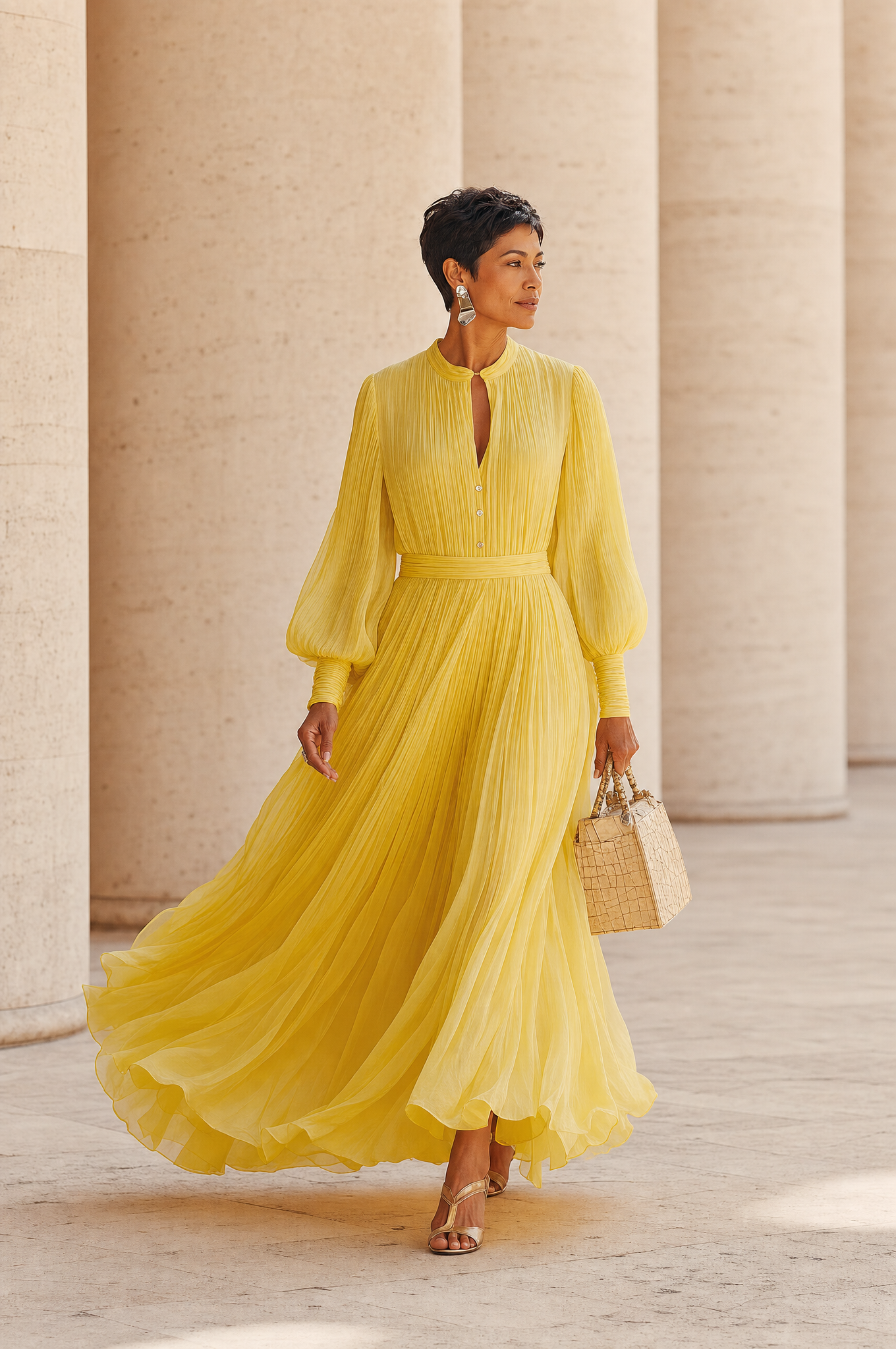 French-style Pleated Chiffon Long Sleeve Maxi Dress With V-Neck