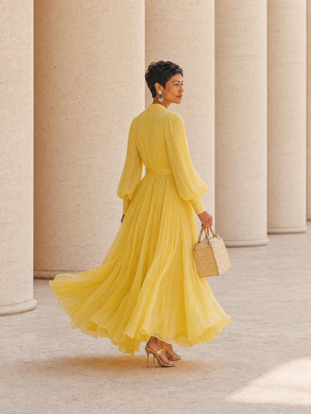French-style Pleated Chiffon Long Sleeve Maxi Dress With V-Neck