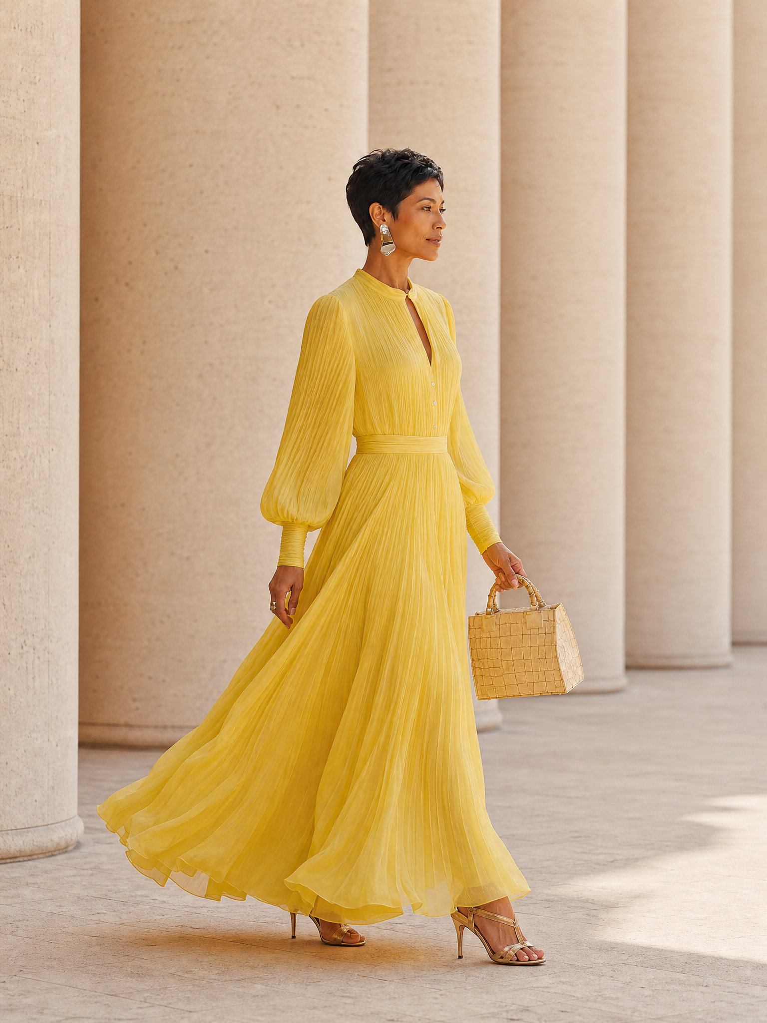 French-style Pleated Chiffon Long Sleeve Maxi Dress With V-Neck