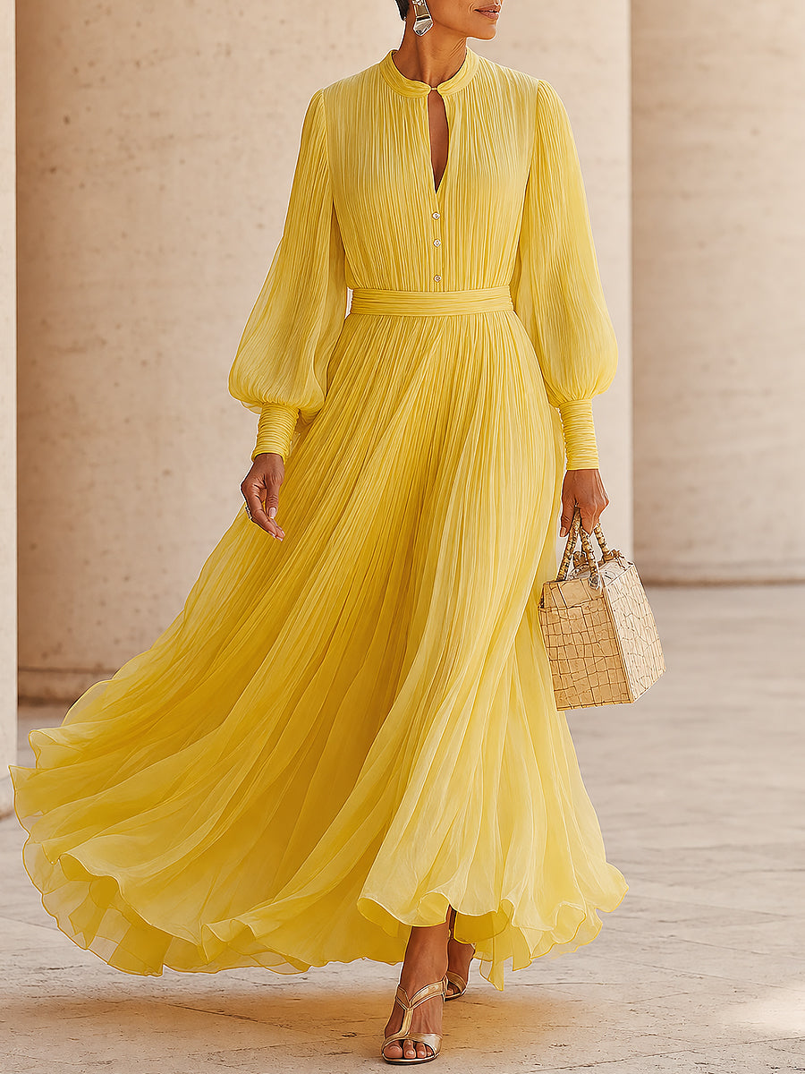 French-style Pleated Chiffon Long Sleeve Maxi Dress With V-Neck