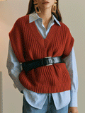 Vintage Rust Cable-Knit Vest & Blue Striped Shirt Layered Set