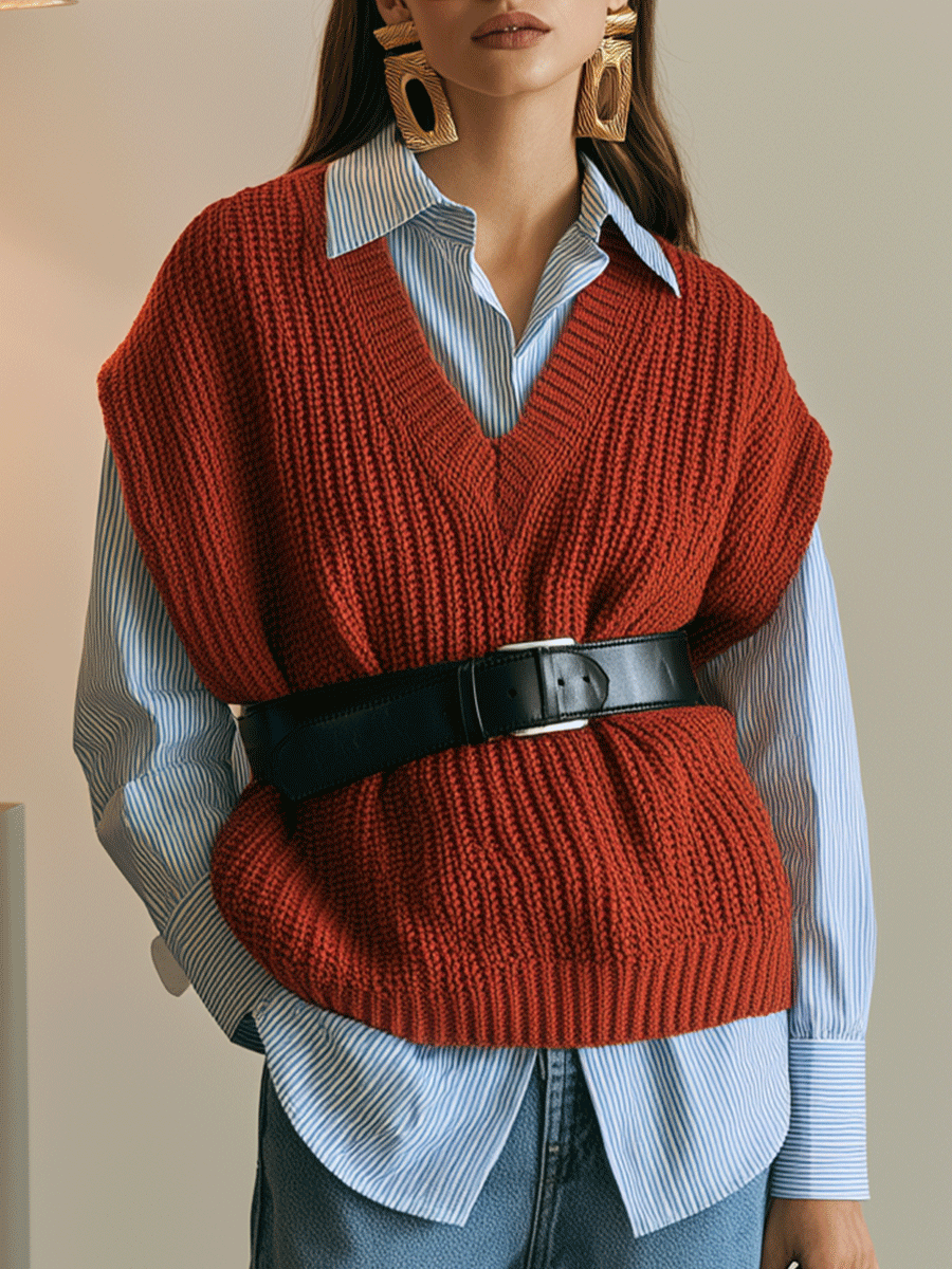 Vintage Rust Cable-Knit Vest & Blue Striped Shirt Layered Set