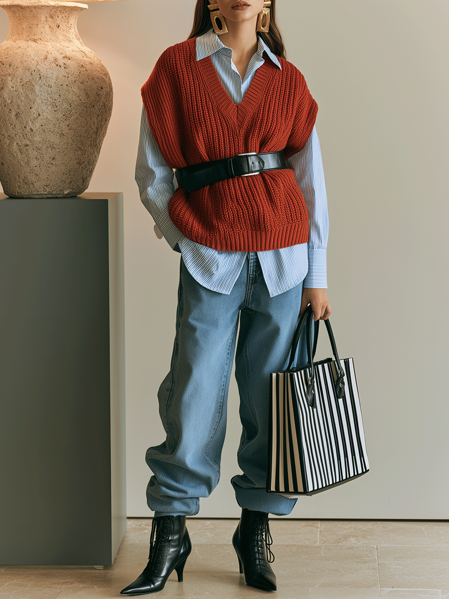 Vintage Rust Cable-Knit Vest & Blue Striped Shirt Layered Set