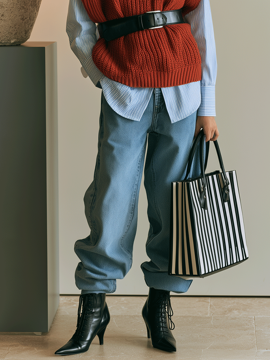 Vintage Rust Cable-Knit Vest & Blue Striped Shirt Layered Set