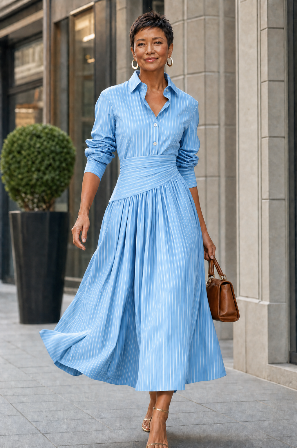 French-style Striped Long Sleeve Collared Midi Shirt Dress With Wrap Waist