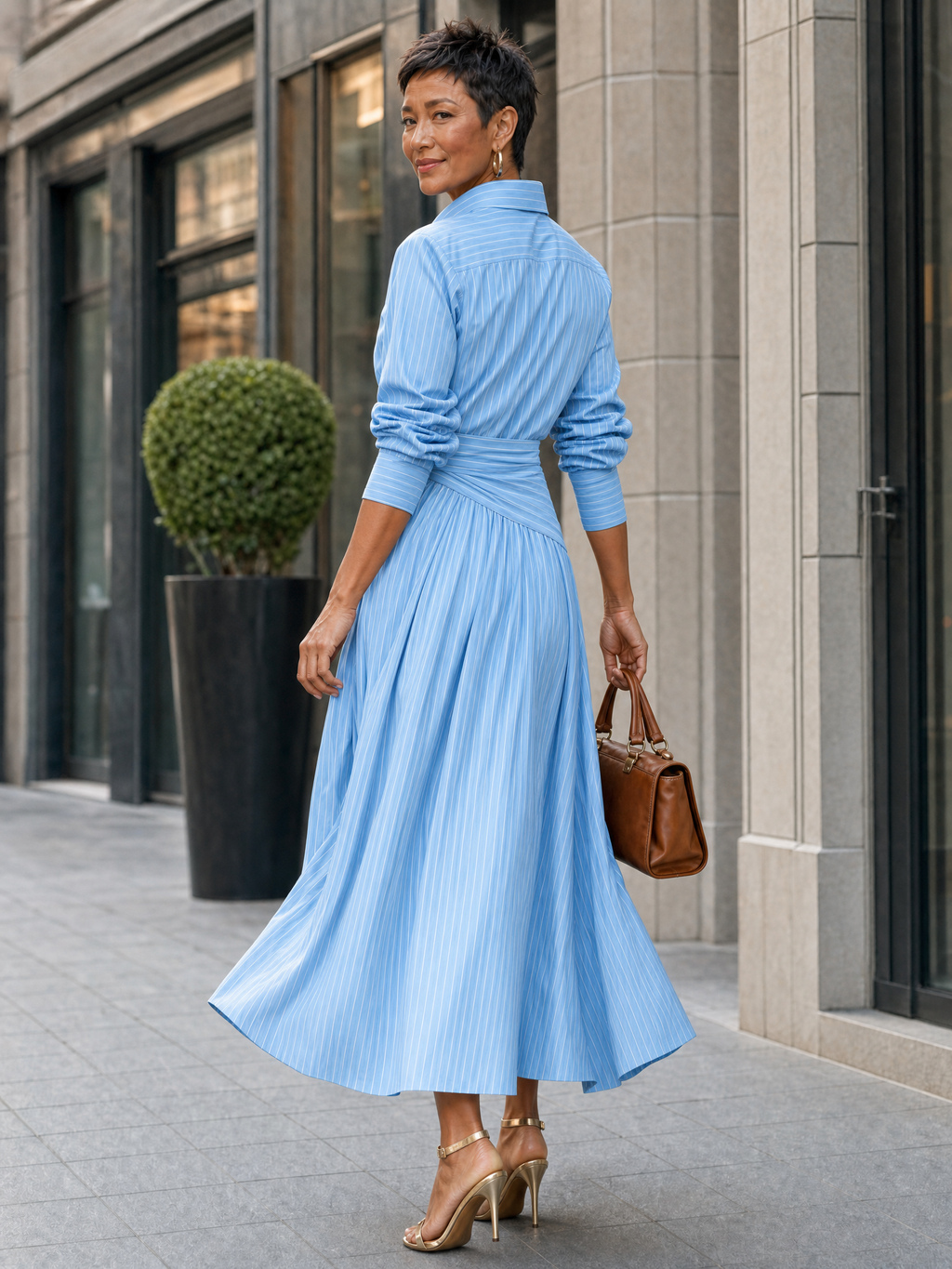 French-style Striped Long Sleeve Collared Midi Shirt Dress With Wrap Waist