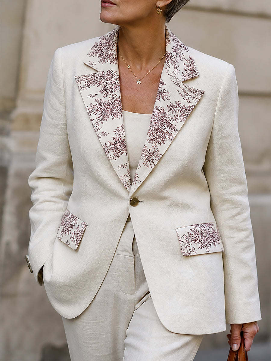 Elegant Printed Cotton-linen Single-button Blazer