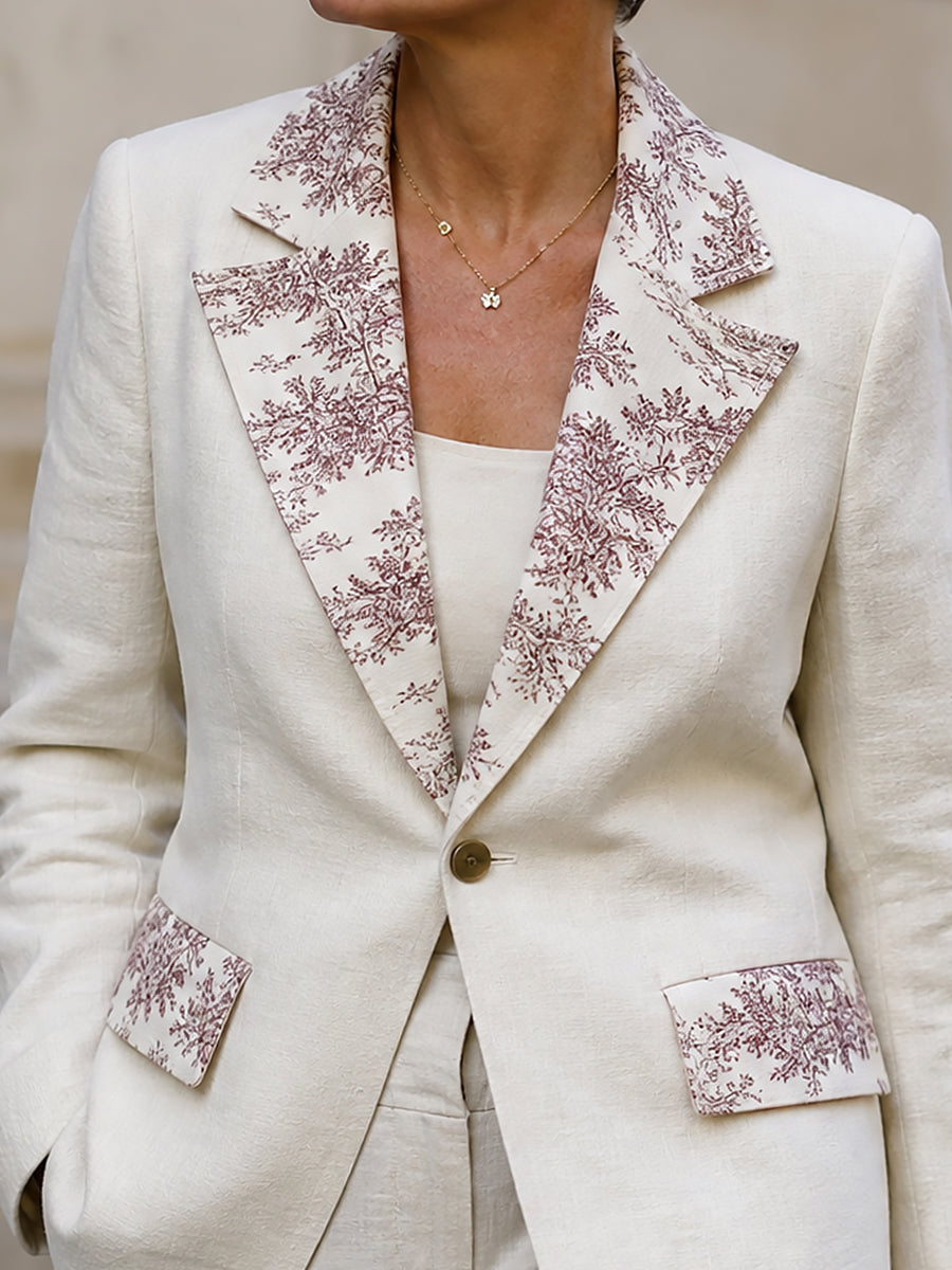 Elegant Printed Cotton-linen Single-button Blazer