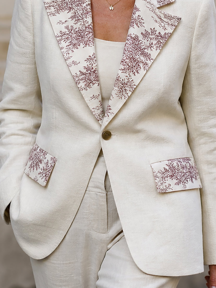 Elegant Printed Cotton-linen Single-button Blazer