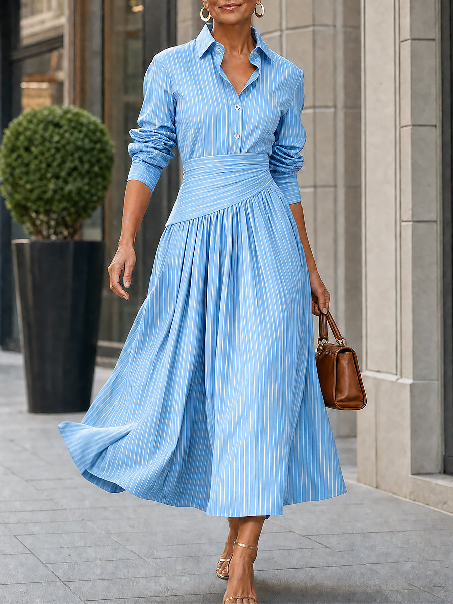 French-style Striped Long Sleeve Collared Midi Shirt Dress With Wrap Waist