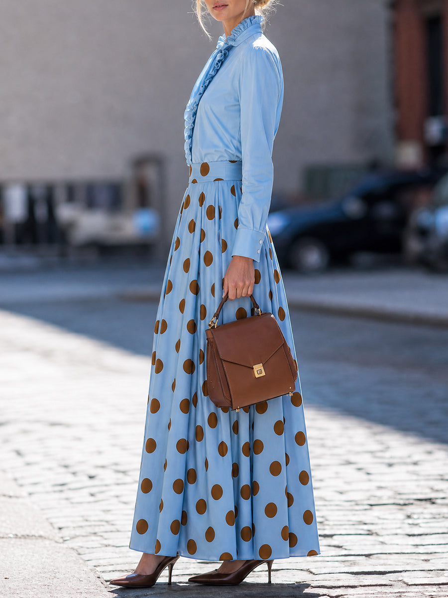 French Ruffle Tie-Neck Long Sleeve Blouse & Polka Dot Skirt Set