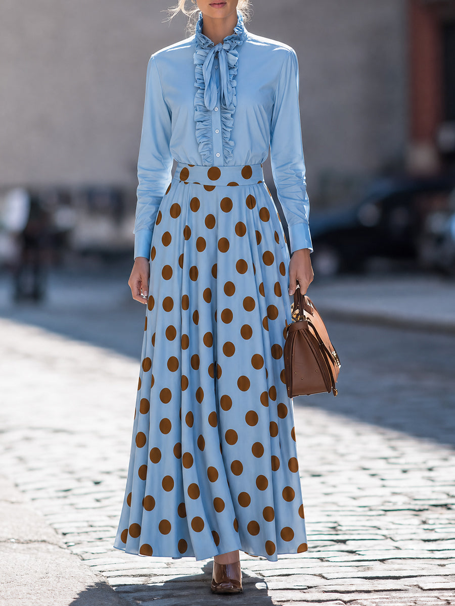 French Ruffle Tie-Neck Long Sleeve Blouse & Polka Dot Skirt Set