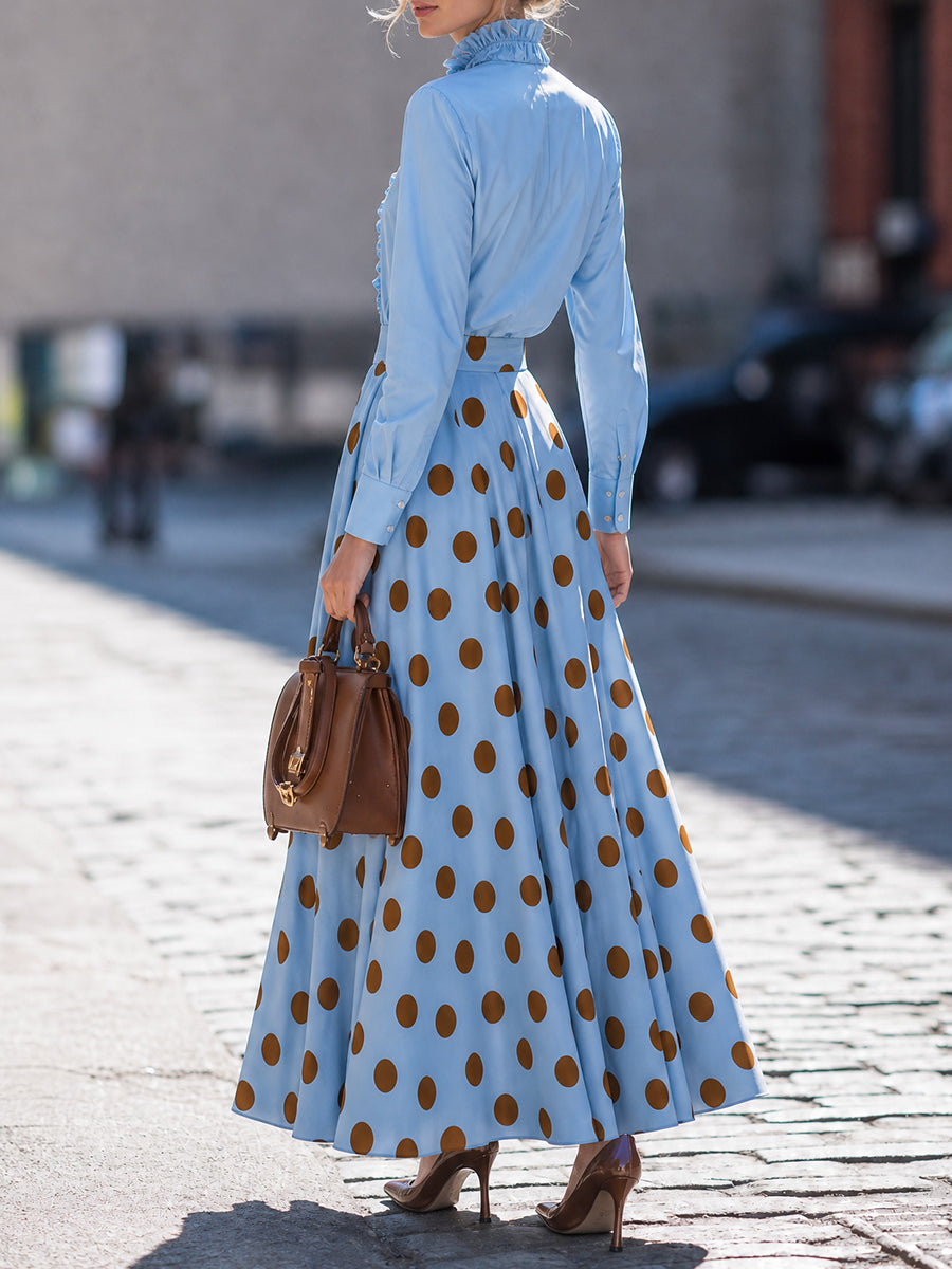 French Ruffle Tie-Neck Long Sleeve Blouse & Polka Dot Skirt Set