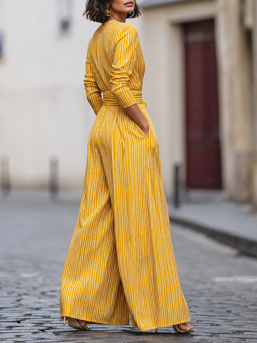 French style Striped V-Neck Wrap Jumpsuit with Tie Waist