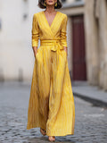 French style Striped V-Neck Wrap Jumpsuit with Tie Waist