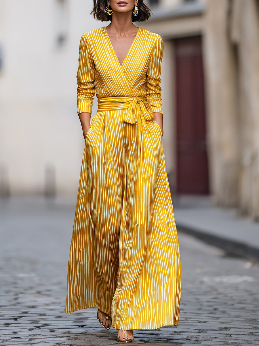 French style Striped V-Neck Wrap Jumpsuit with Tie Waist