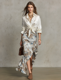 Floral Print Ruffled Asymmetric High-Low Satin Maxi Skirt Shirt Set
