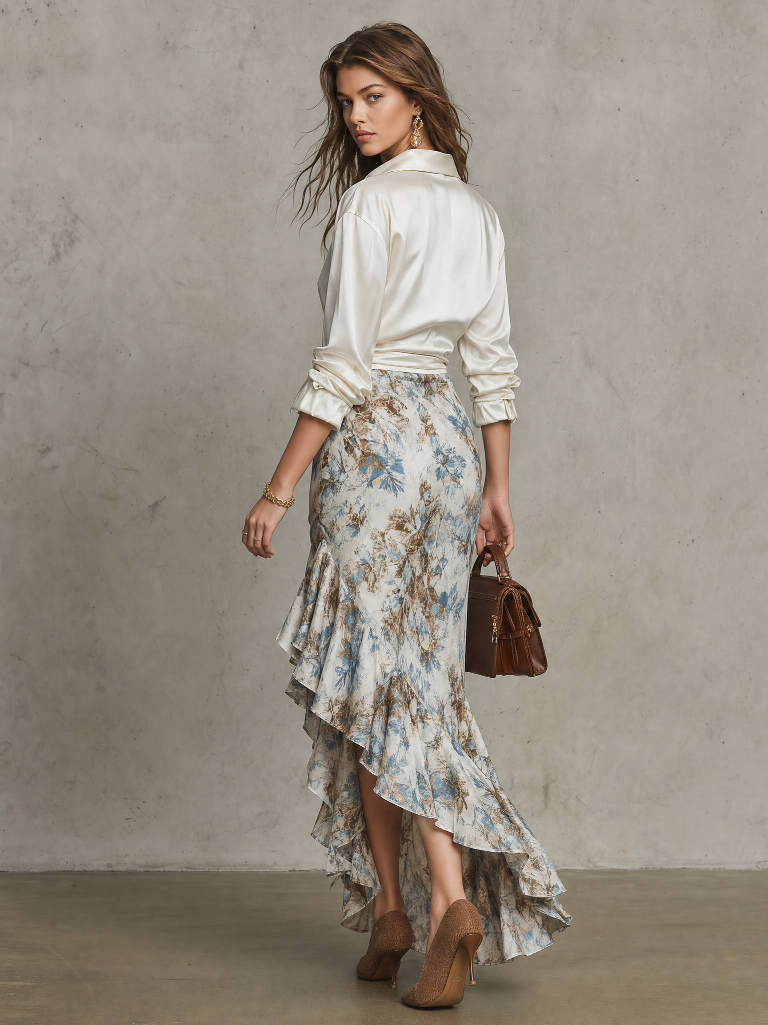 Floral Print Ruffled Asymmetric High-Low Satin Maxi Skirt Shirt Set