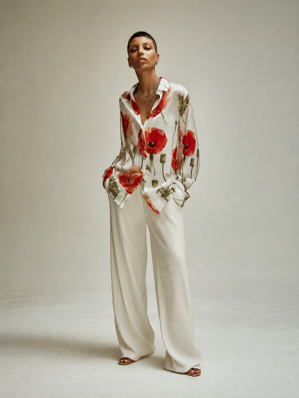 Women's Poppy Floral Print Long Sleeve Button-Up Blouse