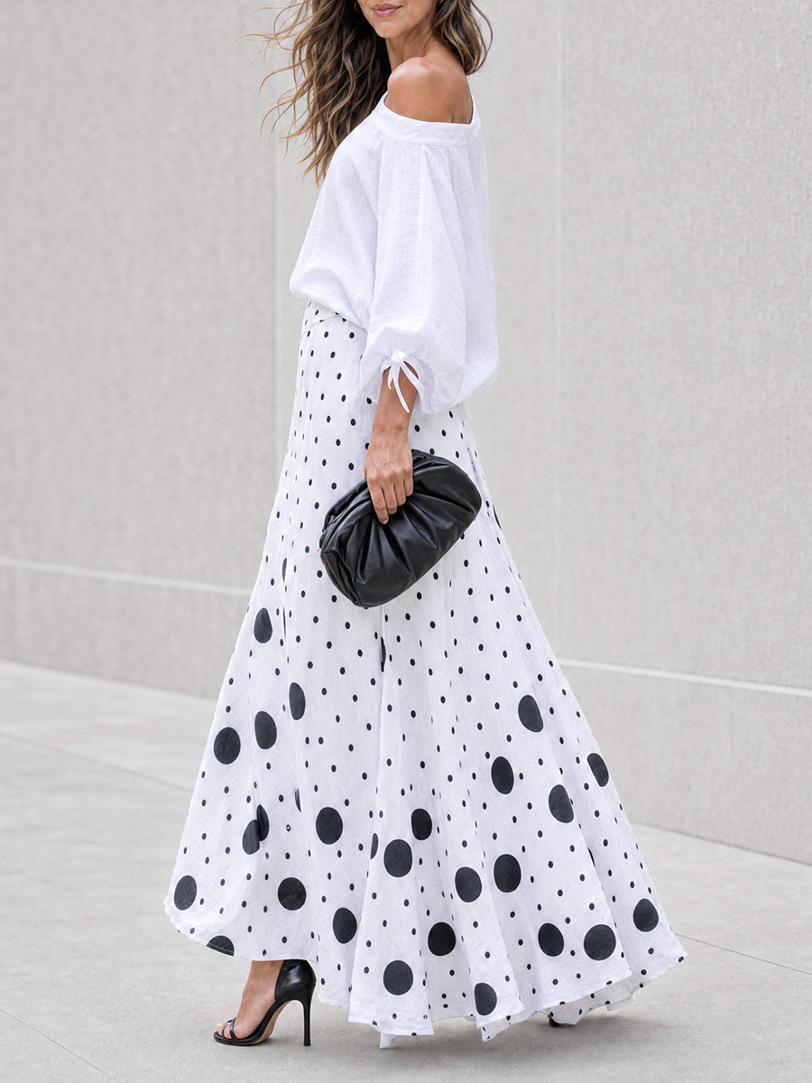 Off-Shoulder Tie-Sleeve Blouse & Polka Dot Print A-Line Maxi Skirt Set