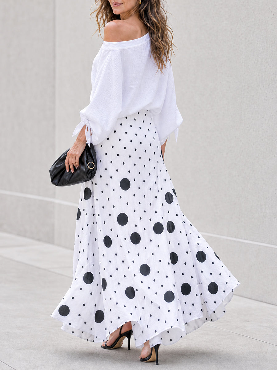 Off-Shoulder Tie-Sleeve Blouse & Polka Dot Print A-Line Maxi Skirt Set