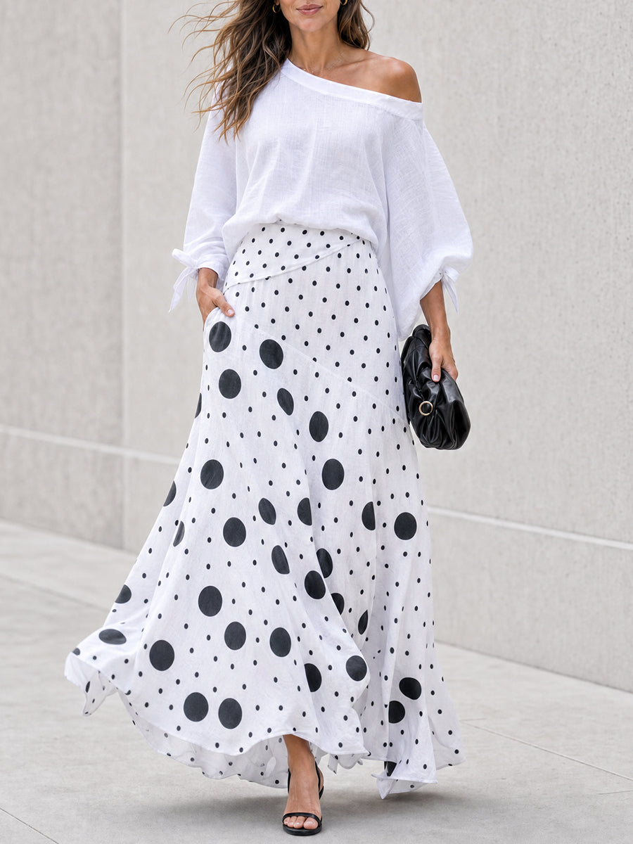 Off-Shoulder Tie-Sleeve Blouse & Polka Dot Print A-Line Maxi Skirt Set