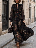 French Elegance Long Bishop Sleeves Floral Print Pleated Maxi Dress