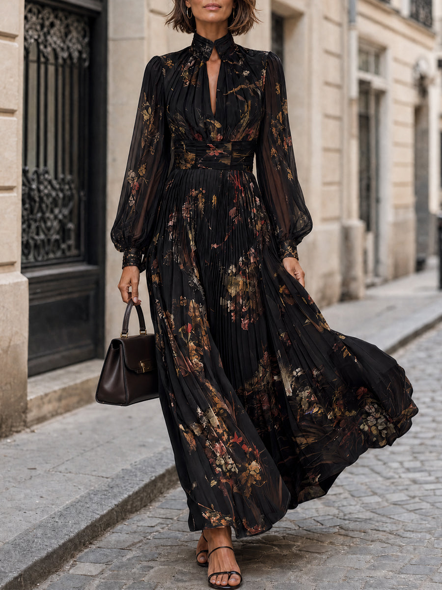 French Elegance Long Bishop Sleeves Floral Print Pleated Maxi Dress