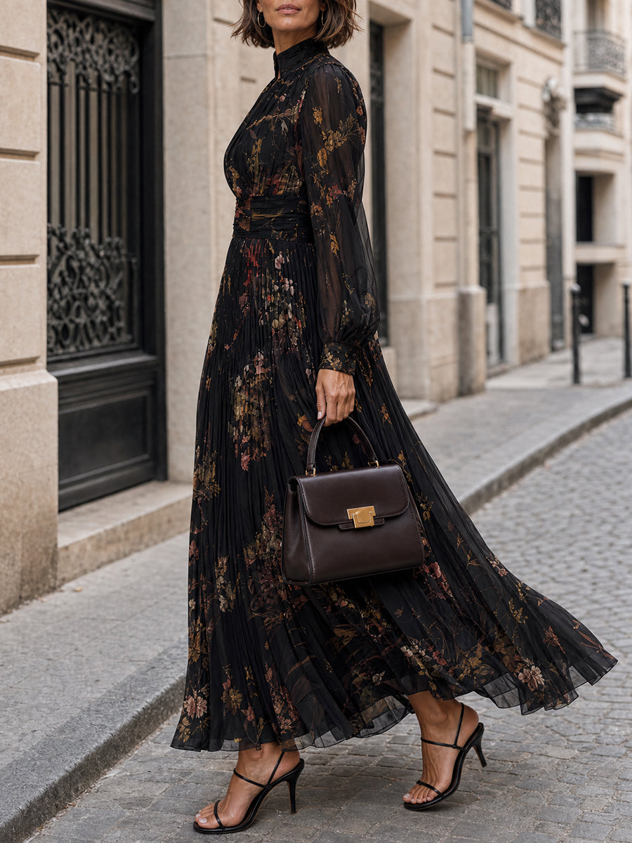 French Elegance Long Bishop Sleeves Floral Print Pleated Maxi Dress