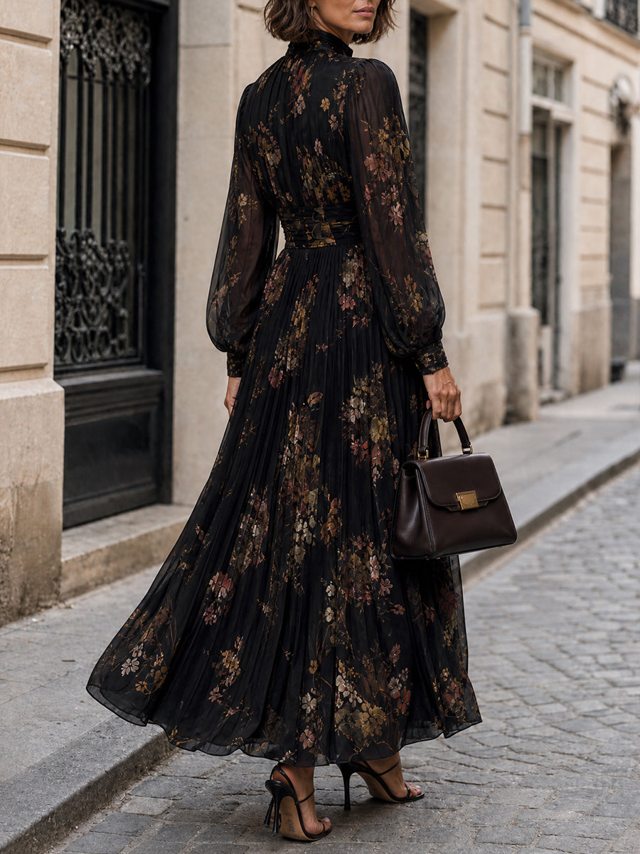 French Elegance Long Bishop Sleeves Floral Print Pleated Maxi Dress