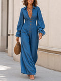 Women's Tencel Denim Wide Leg Jumpsuit With Ruffle Bishop Sleeves