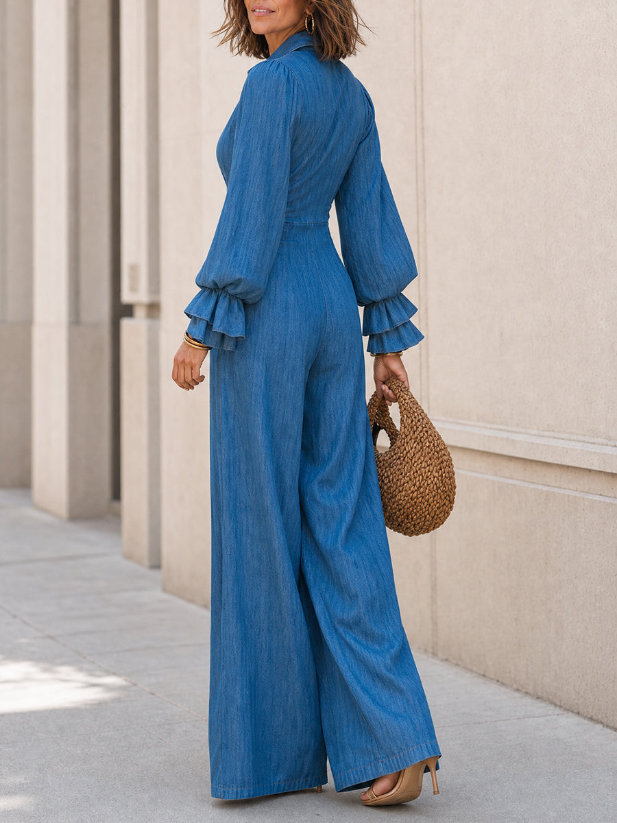 Women's Tencel Denim Wide Leg Jumpsuit With Ruffle Bishop Sleeves