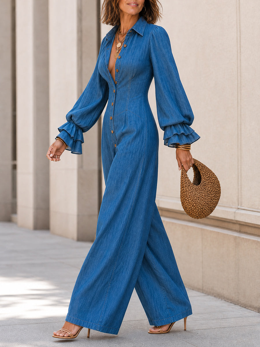 Women's Tencel Denim Wide Leg Jumpsuit With Ruffle Bishop Sleeves