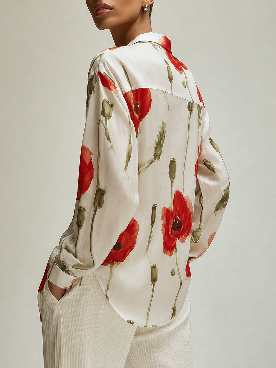 Women's Poppy Floral Print Long Sleeve Button-Up Blouse