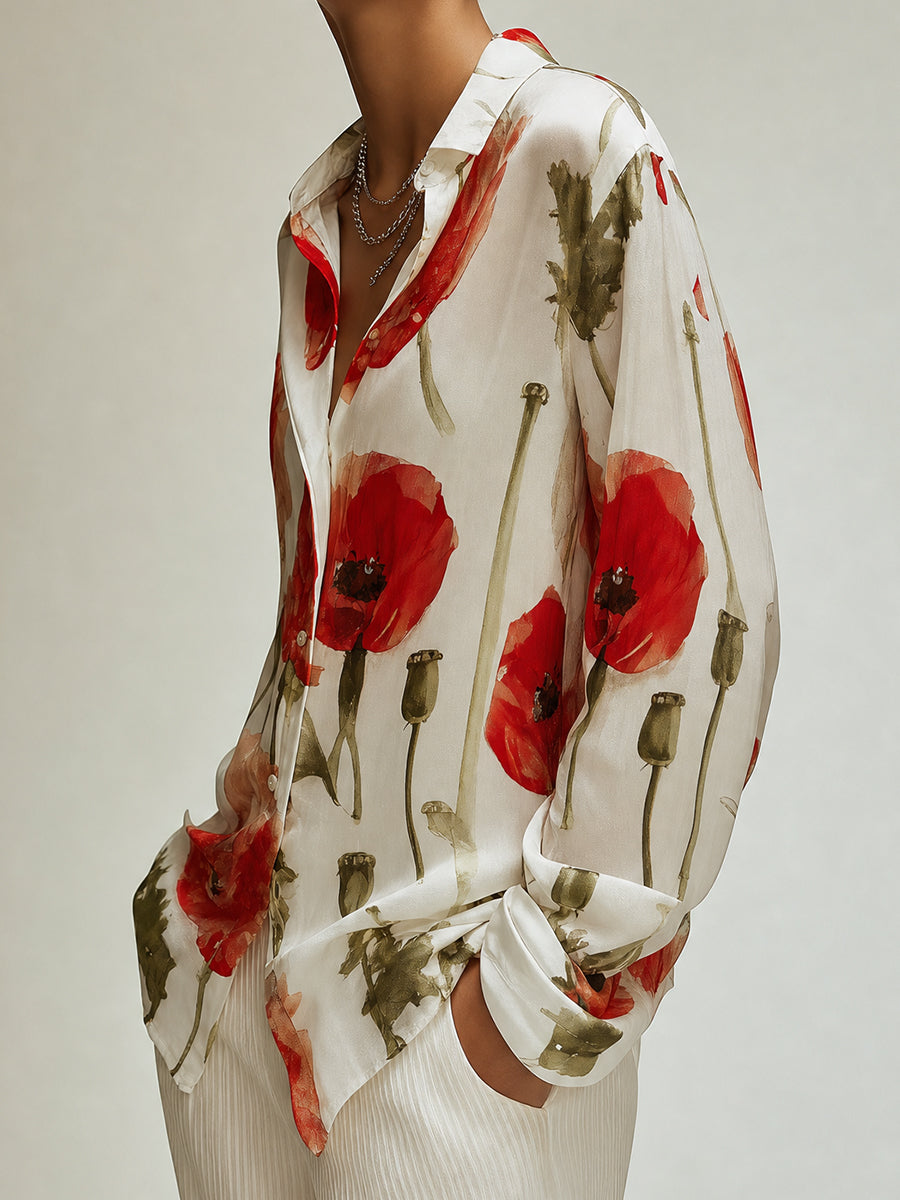 Women's Poppy Floral Print Long Sleeve Button-Up Blouse