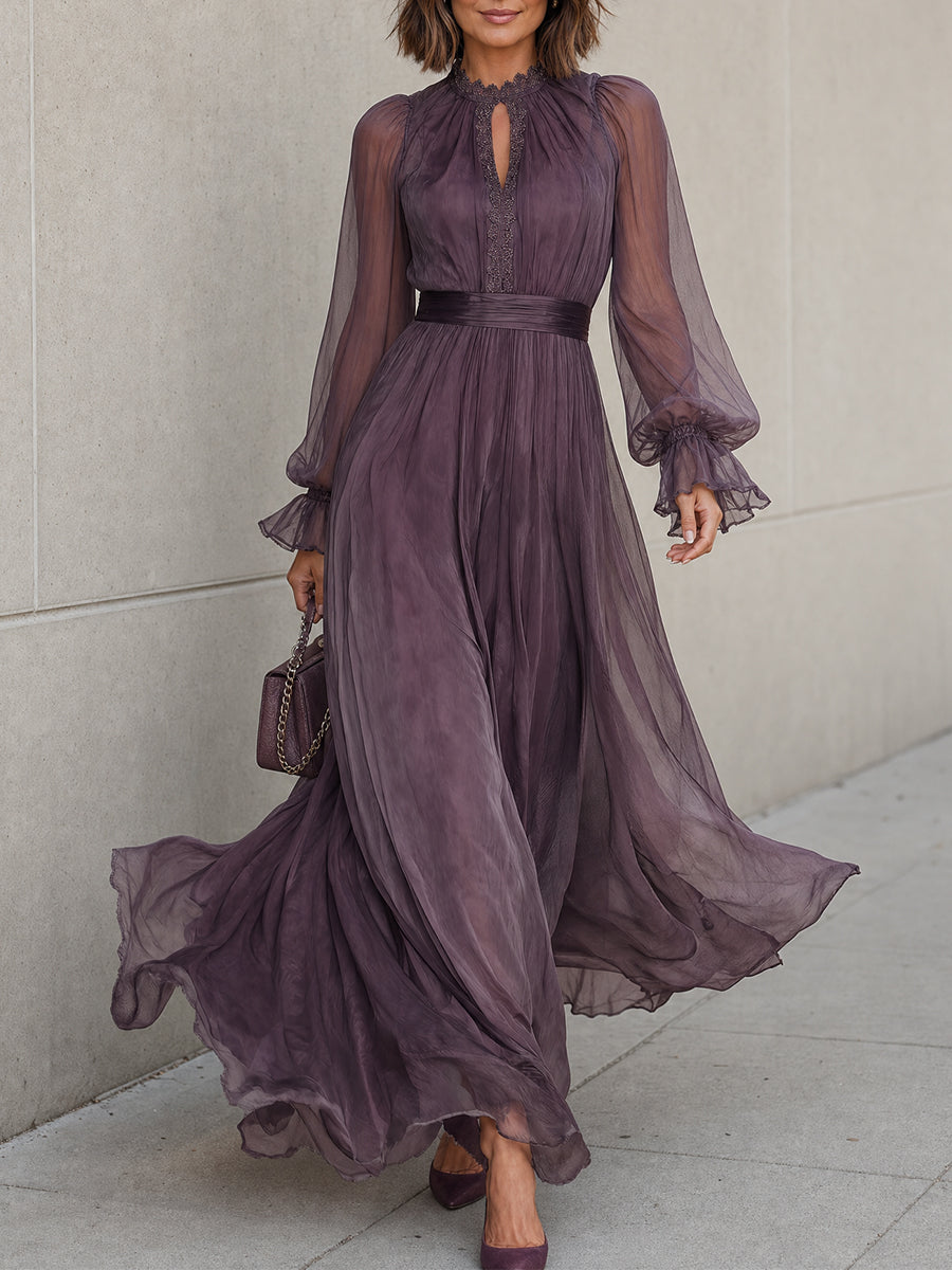 French Sheer Long Sleeve Lace Trim Flowy Chiffon Maxi Dress