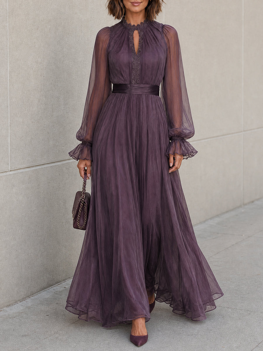 French Sheer Long Sleeve Lace Trim Flowy Chiffon Maxi Dress